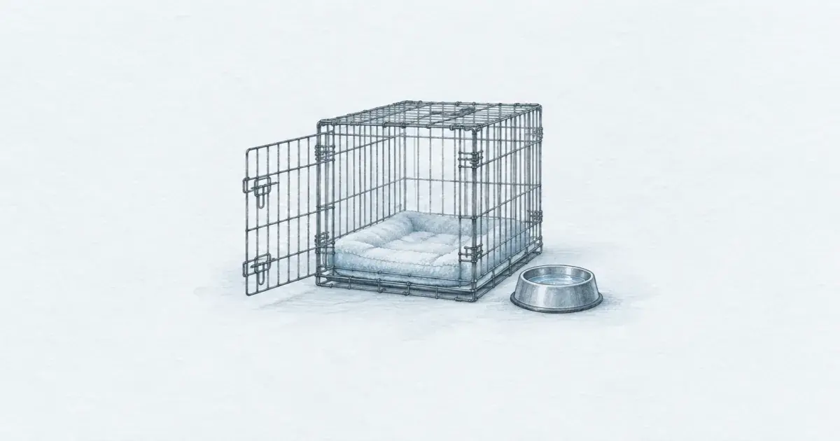Soft pastel dog crate still life with bowl and mat