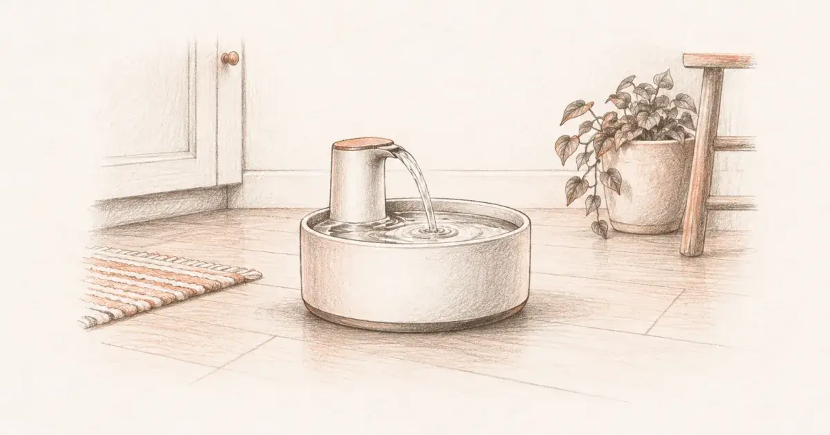 Soft pastel large dog water fountain still life on cool mist paper