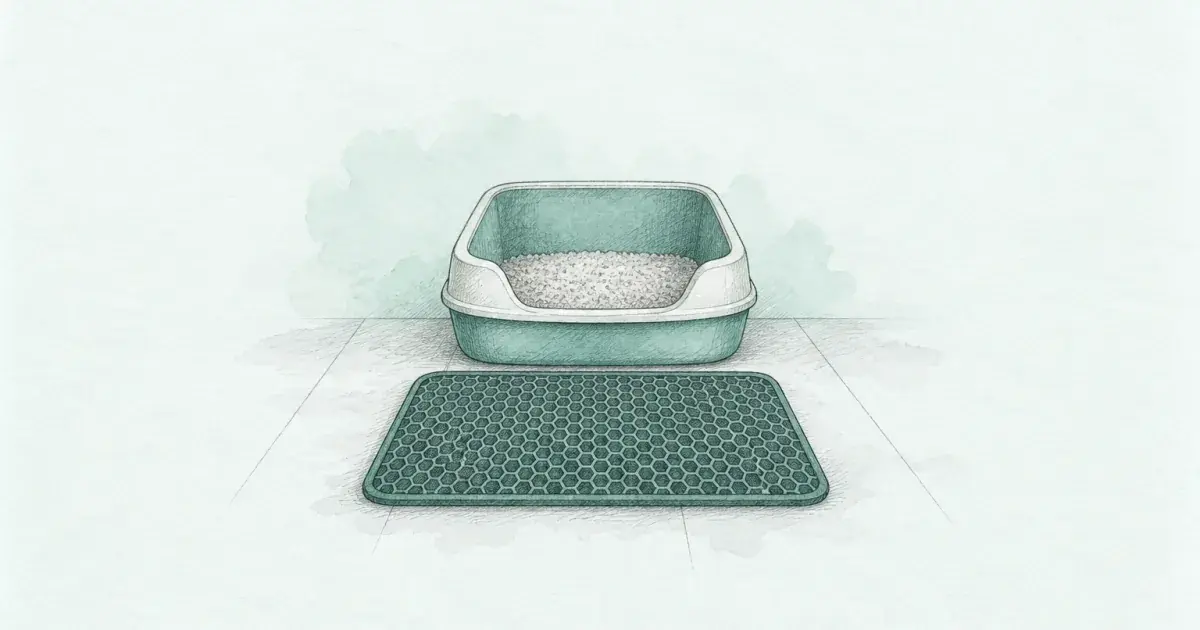 Pencil-sketch cat litter mat and litter box exit still life in soft pastels