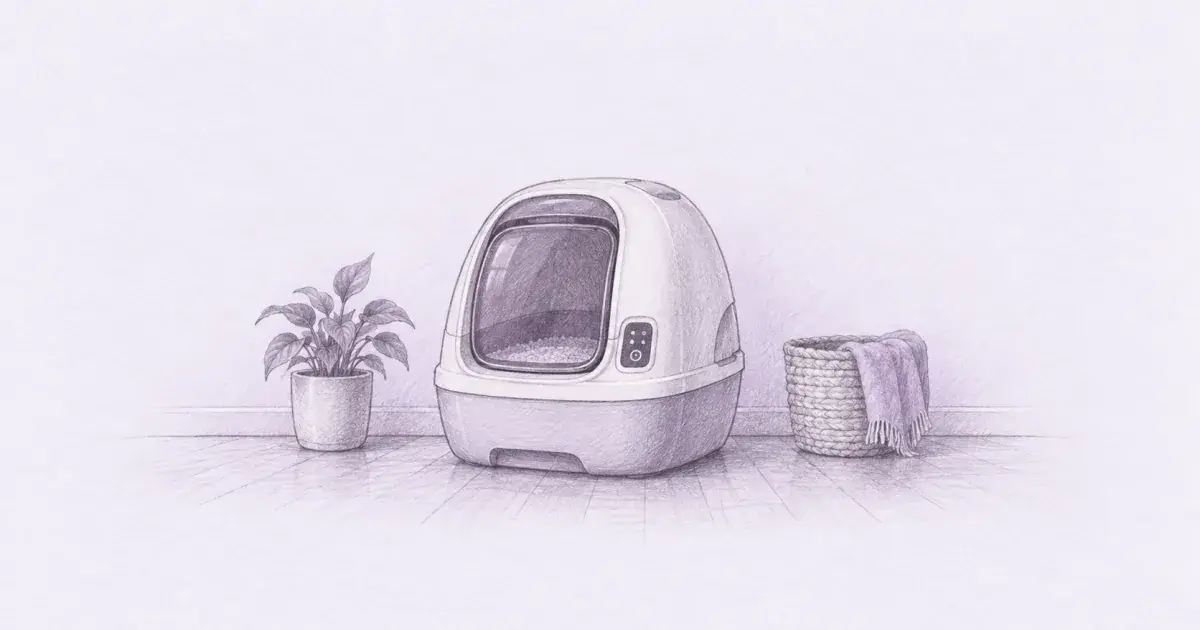 Soft pastel self-cleaning litter box still life on warm paper