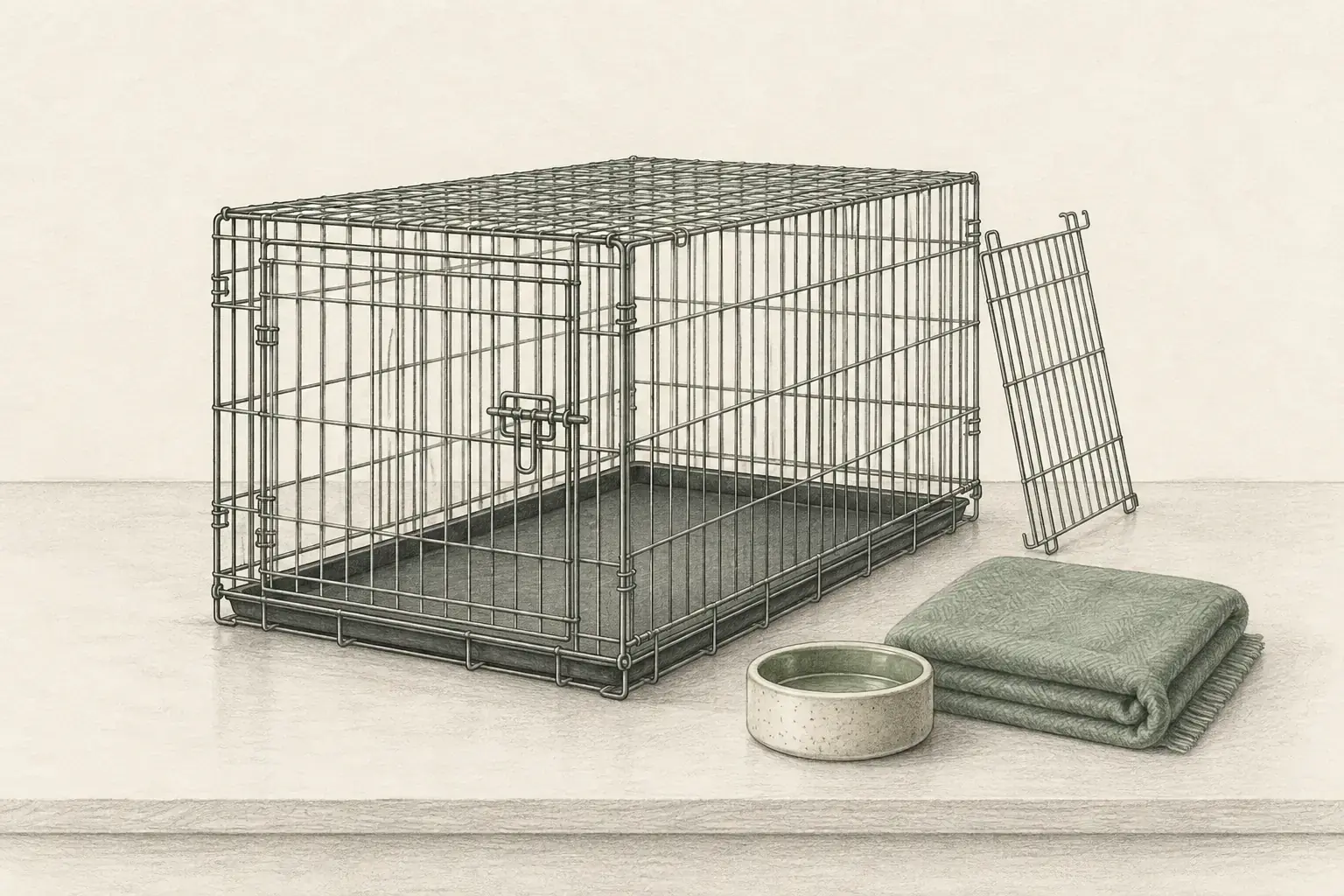 Soft pastel pencil sketch of a folding wire dog crate with a divider panel and tray on sage paper