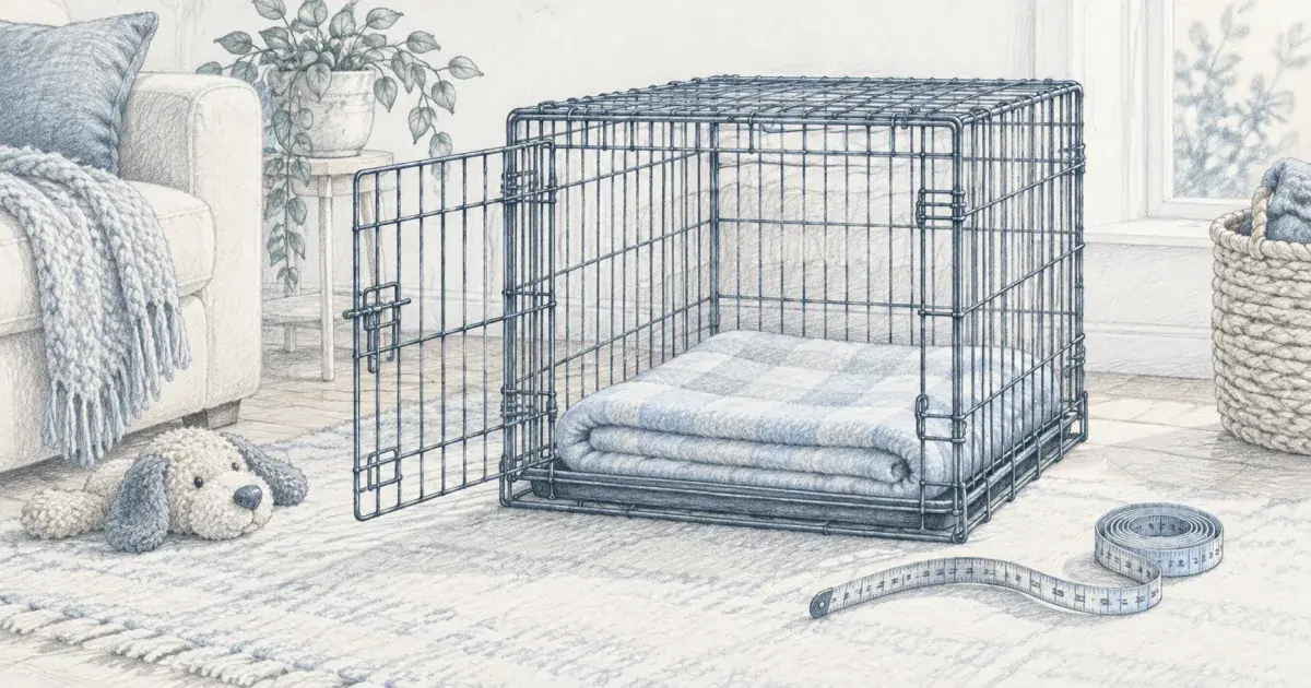 Dog crate size calculator beside a wire crate and a tape measure on a living room floor
