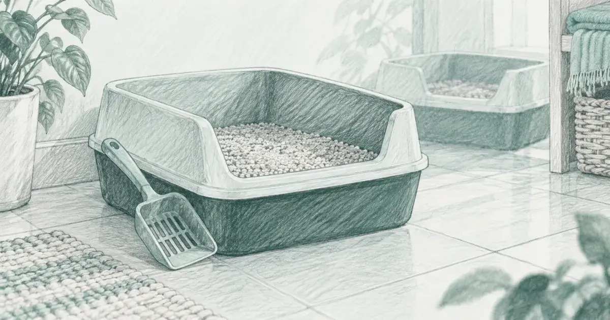 Litter box calculator beside a clean open litter pan and scoop on a tiled floor