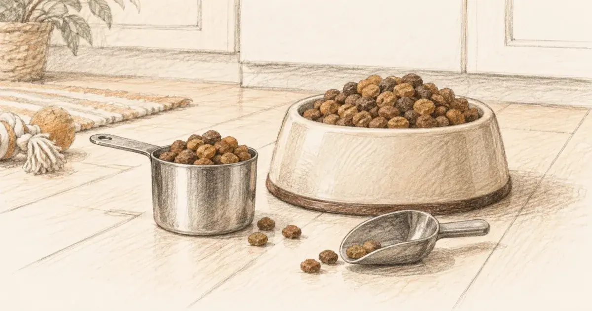 Pet food portion calculator next to a measuring cup of dog food on a kitchen floor