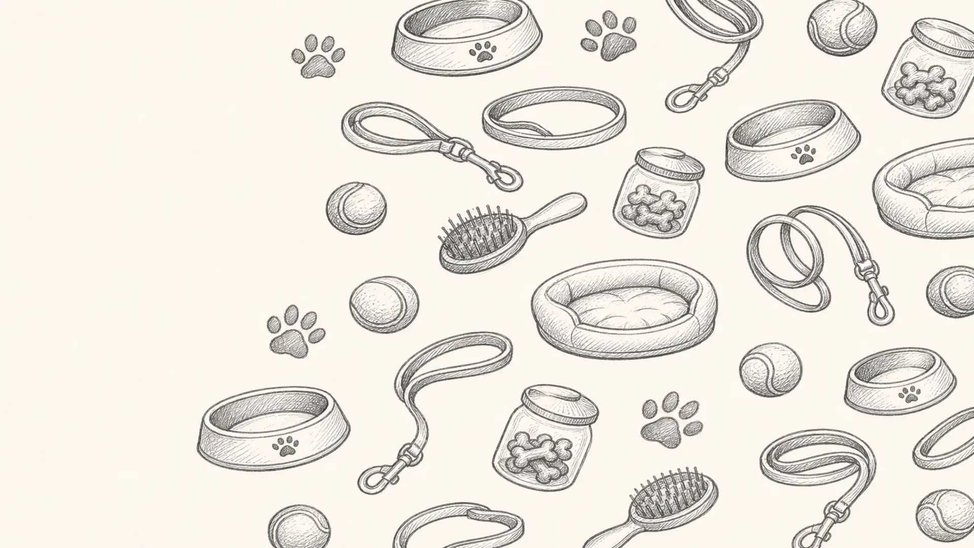 Monochrome pencil sketch pattern of pet gear on warm cream paper