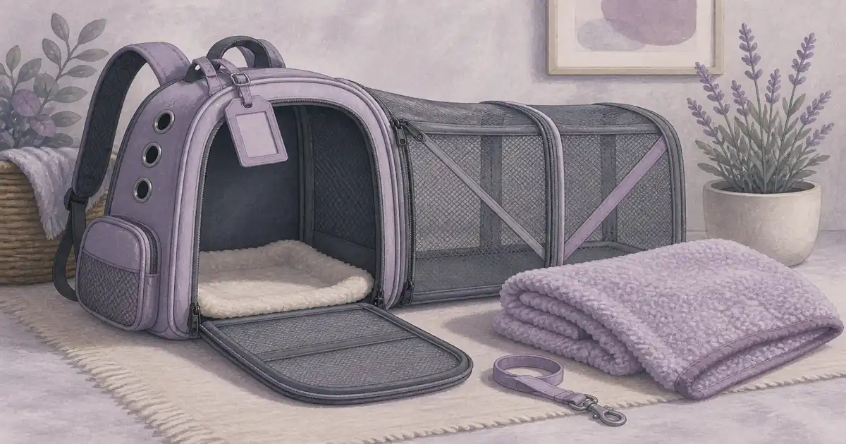 Flat illustration of an expandable cat carrier backpack and blanket