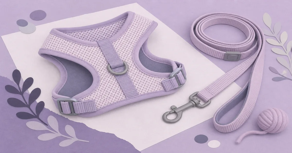Soft pastel cat harness and leash still life on lilac paper with mesh vest straps