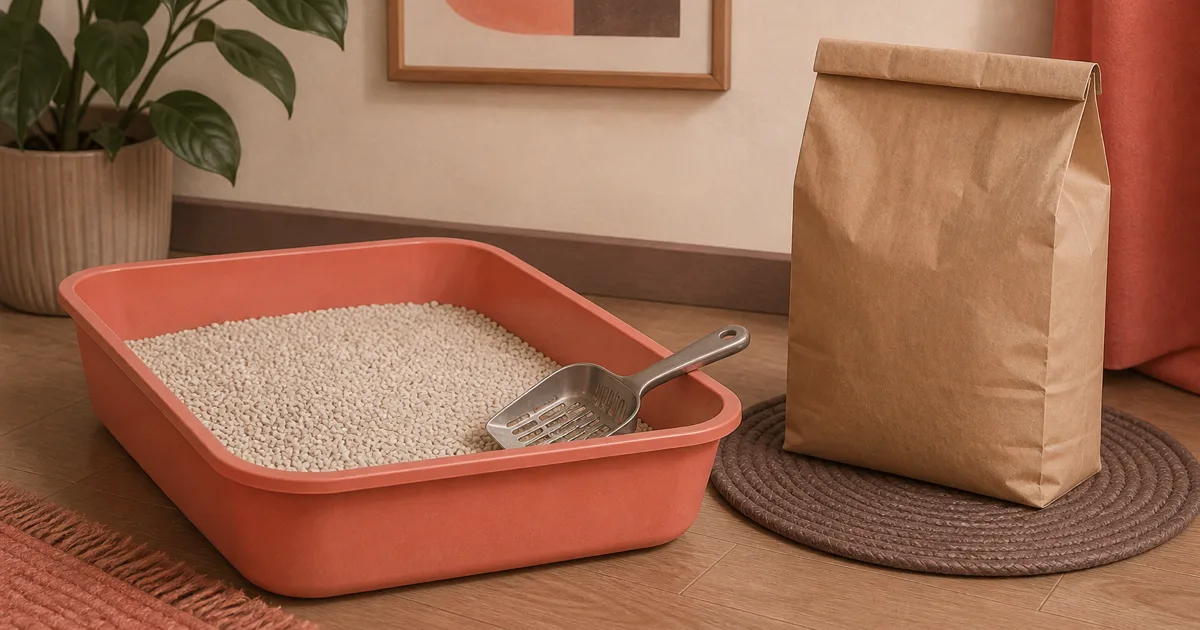 Soft pastel litter pan, scoop, and bag still life on warm coral paper