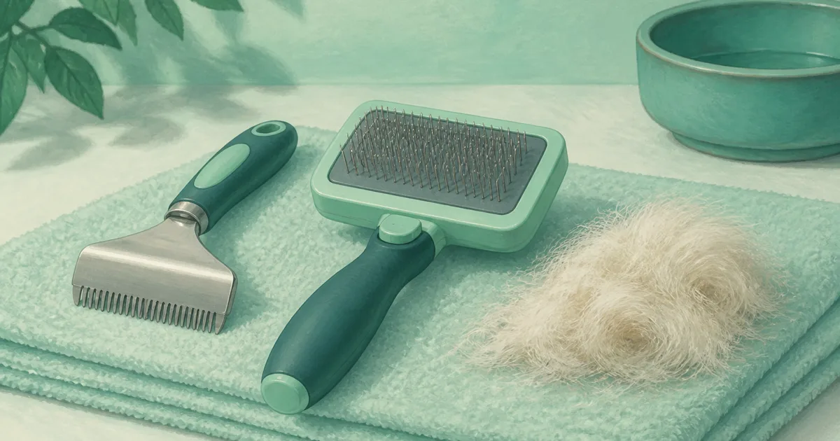 Soft pastel dog deshedding brush and slicker still life on mint paper