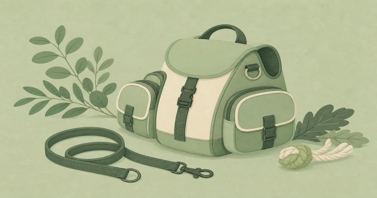 Soft pastel dog backpack still life with dual saddlebags and a leash ring on sage paper