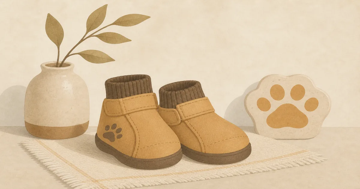 Soft pastel dog booties and paw print still life on warm sand-colored paper