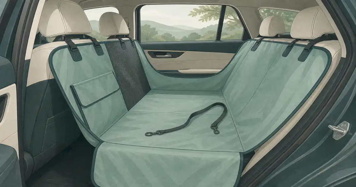 Flat illustration of a waterproof dog car hammock across a back seat