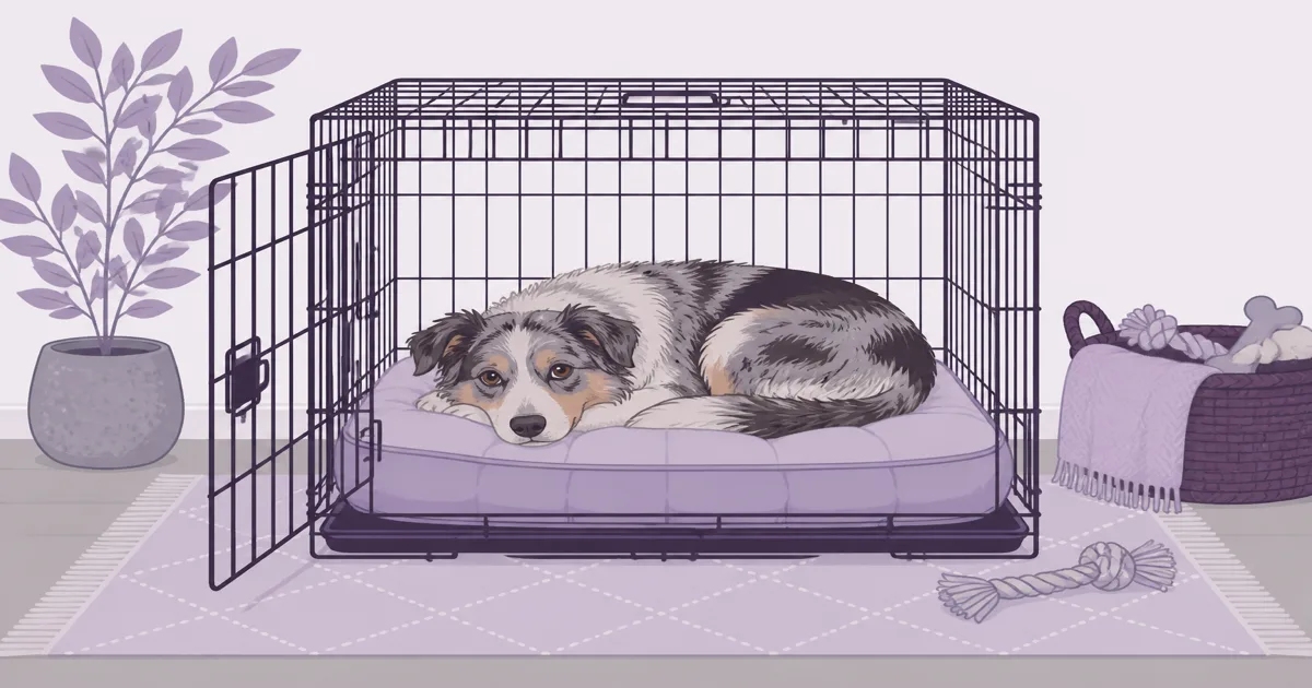 Flat pastel illustration of a dog resting on a crate pad