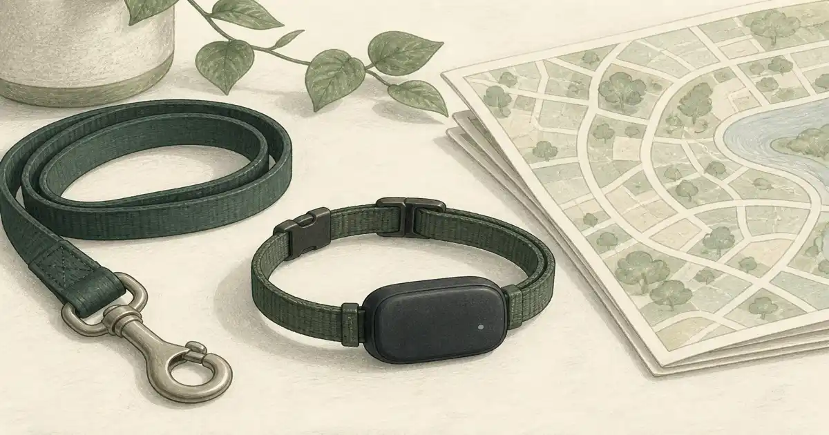 Flat illustration of a dog GPS tracker, leash, and neighborhood map