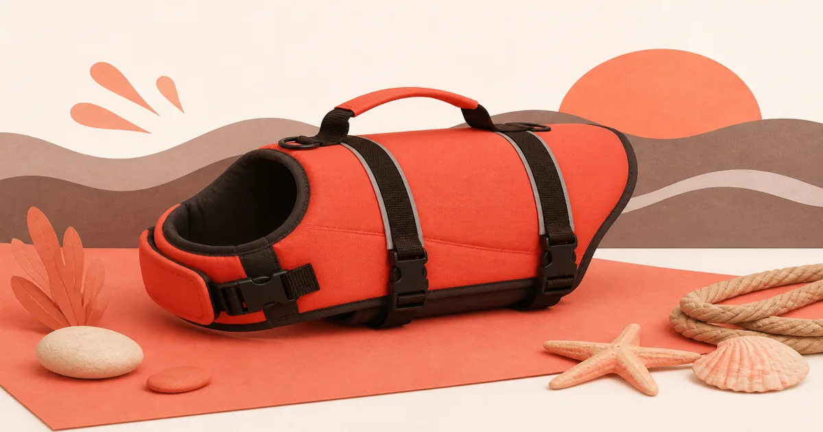 Soft pastel dog life jacket still life with bright flotation vest and grab handle on coral paper