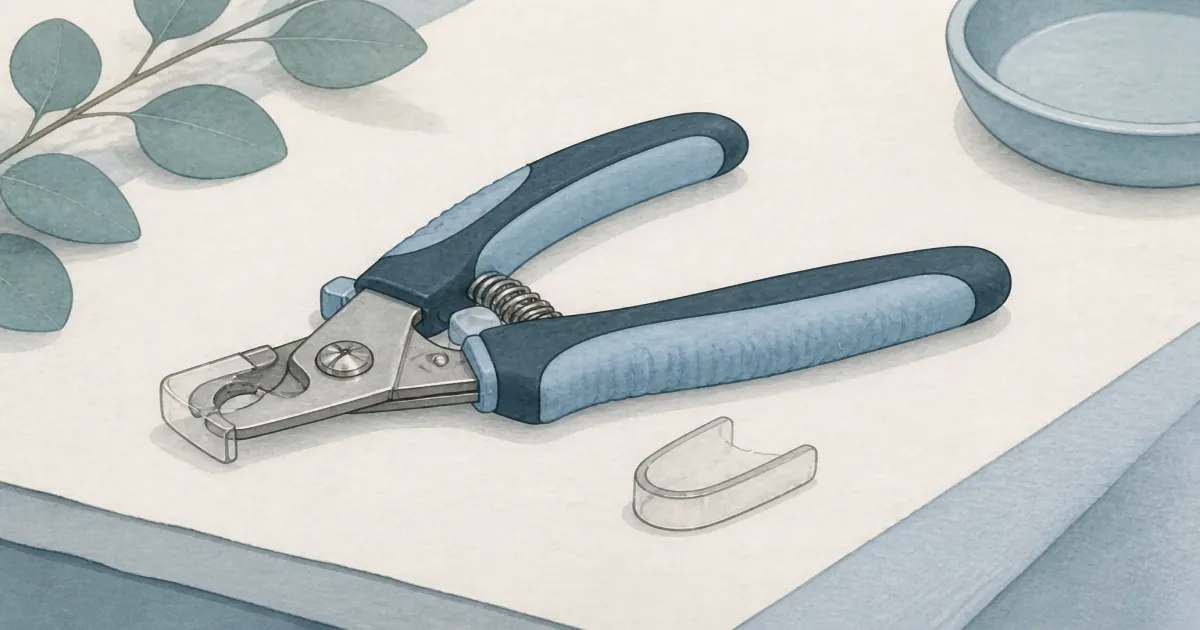 Soft pastel dog nail clippers still life with plier trimmer and safety guard on cool mist paper
