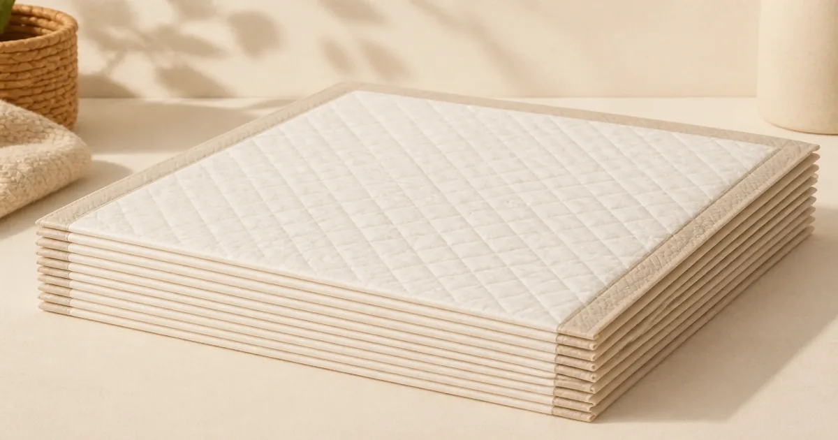 Soft honey pastel still life of folded dog pee pads with quilted surface on cream paper