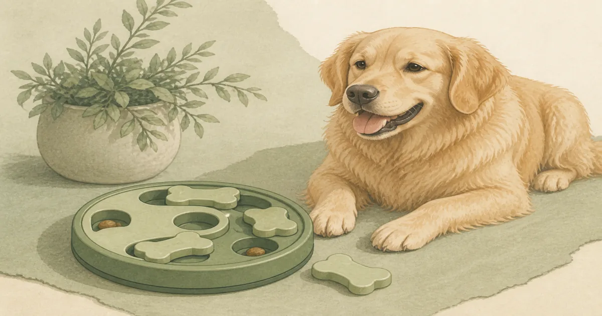 Soft pastel dog puzzle toy board with treat compartments and bone covers on sage paper