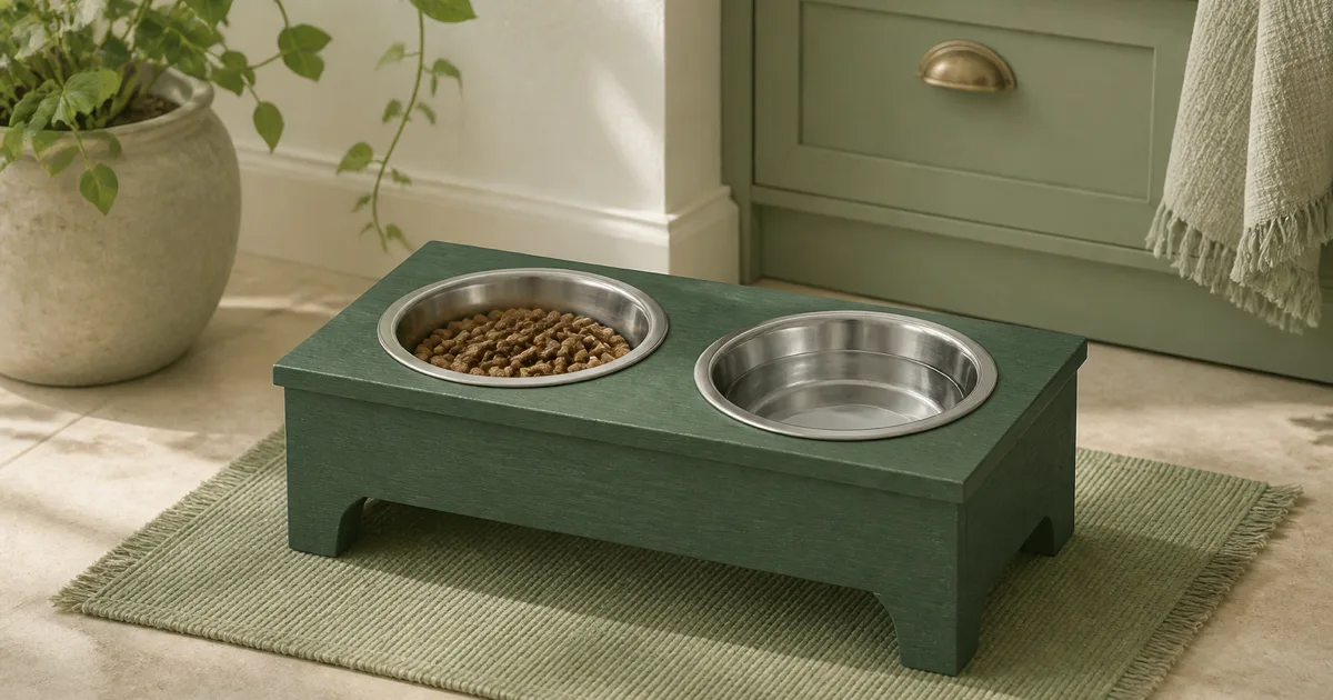 Soft pastel elevated stainless dog bowls on a sage stand