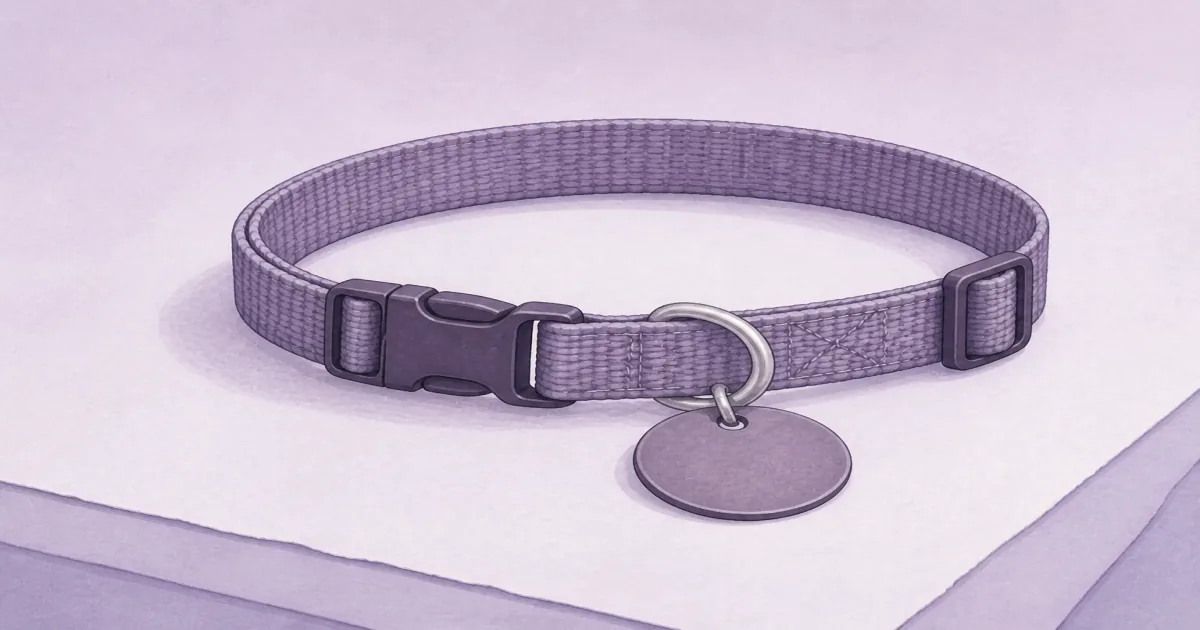 Soft lilac pastel still life of a dog flea collar with buckle and tag ring on lavender paper