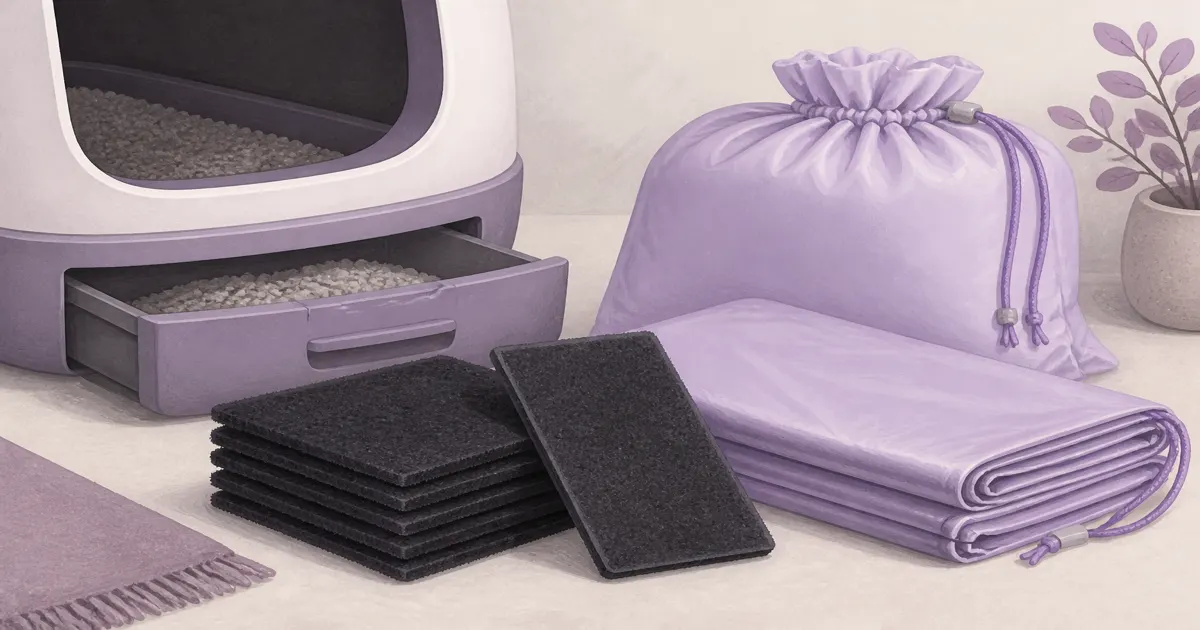 Soft pastel litter box filters and liners on lavender paper