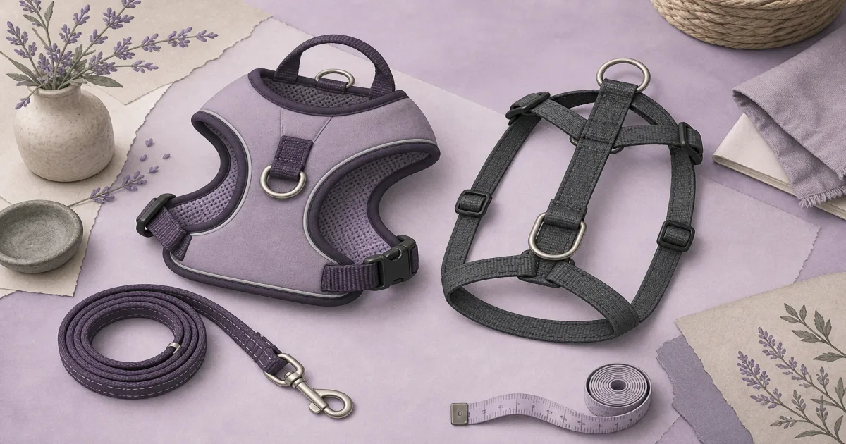Soft pastel no-pull dog harness still life with a padded vest and front-clip straps on lavender paper