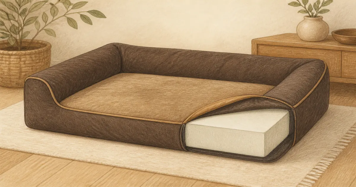 Soft pastel orthopedic dog bed still life on cream paper