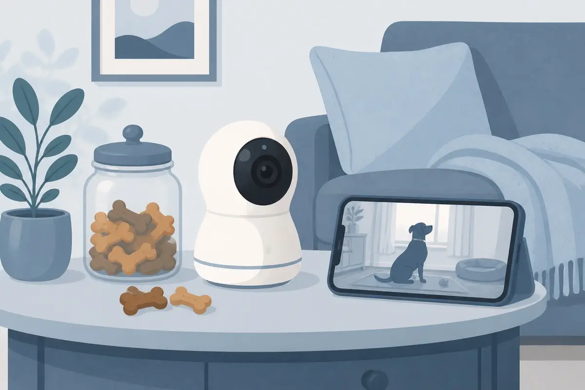 Soft pastel pet camera and treat jar still life on cool mist paper