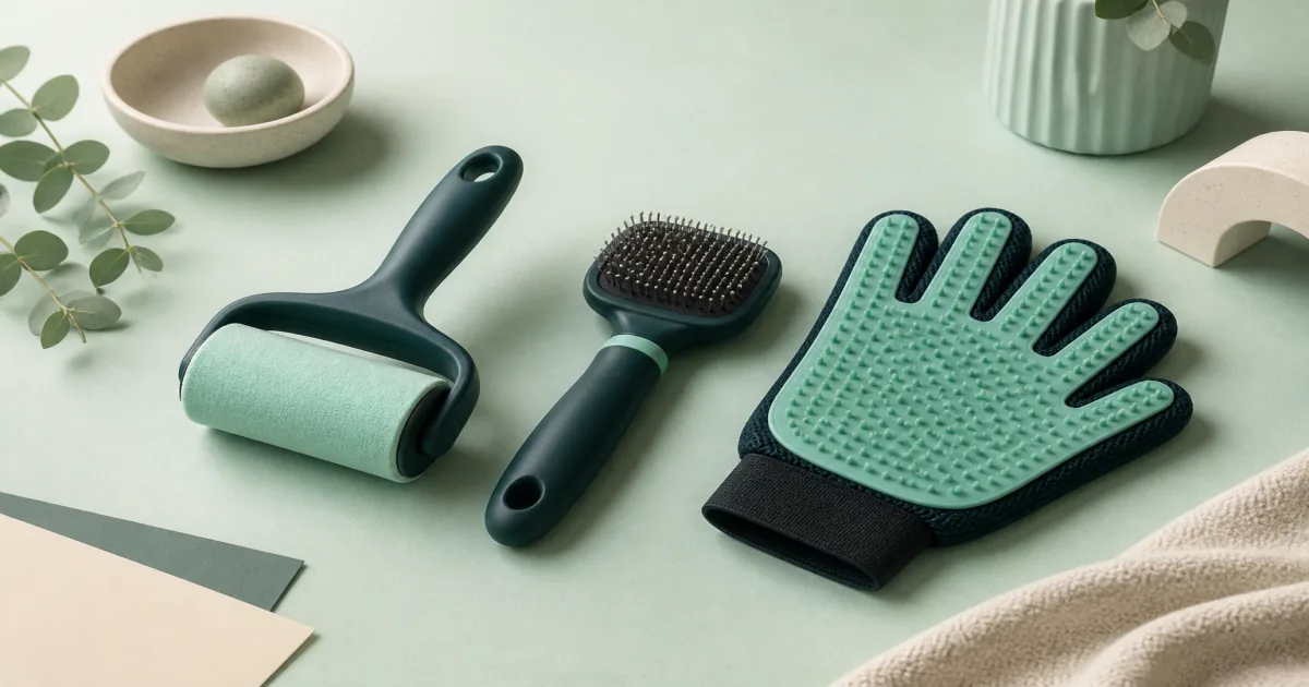 Soft pastel pet hair remover still life with a reusable lint roller, detailing brush, and grooming glove on mint paper