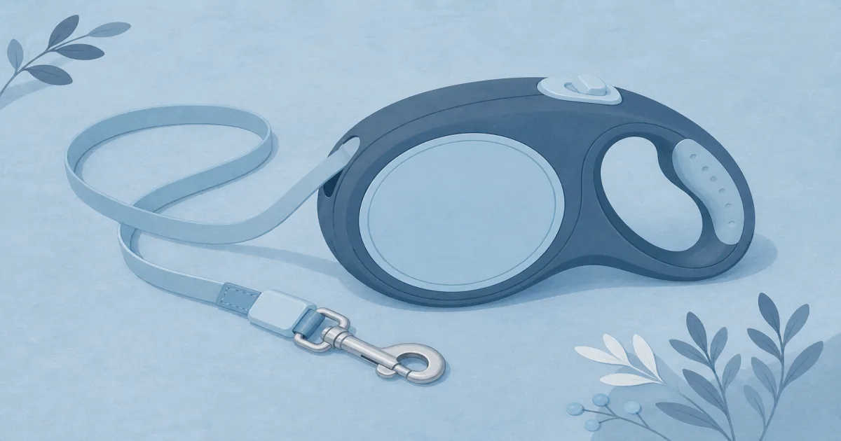 Soft pastel retractable dog leash still life with tape reel and cord handle on cool blue paper