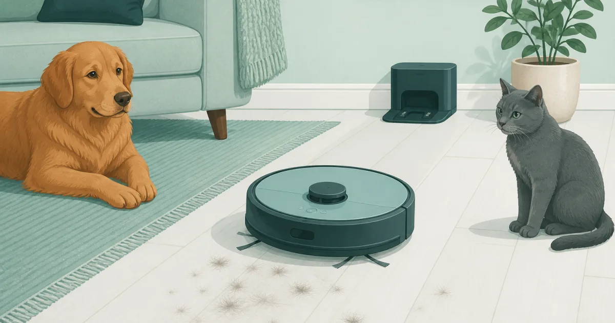 Robot vacuum collecting pet hair between a resting dog and cat