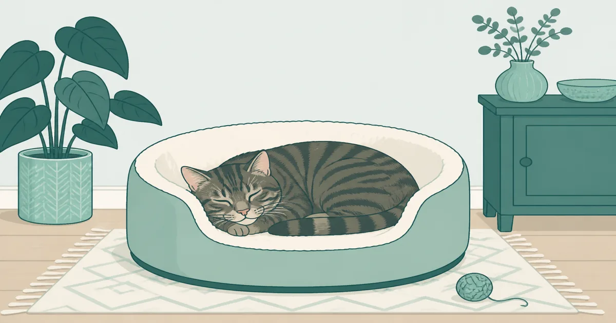 Flat pastel illustration of a cat sleeping in a self-warming bed