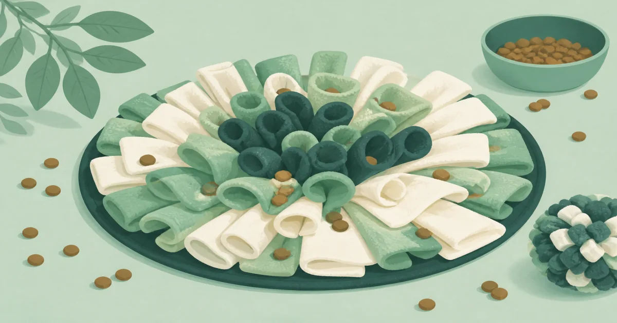 Soft pastel snuffle mat still life with fleece folds and scattered kibble on mint paper