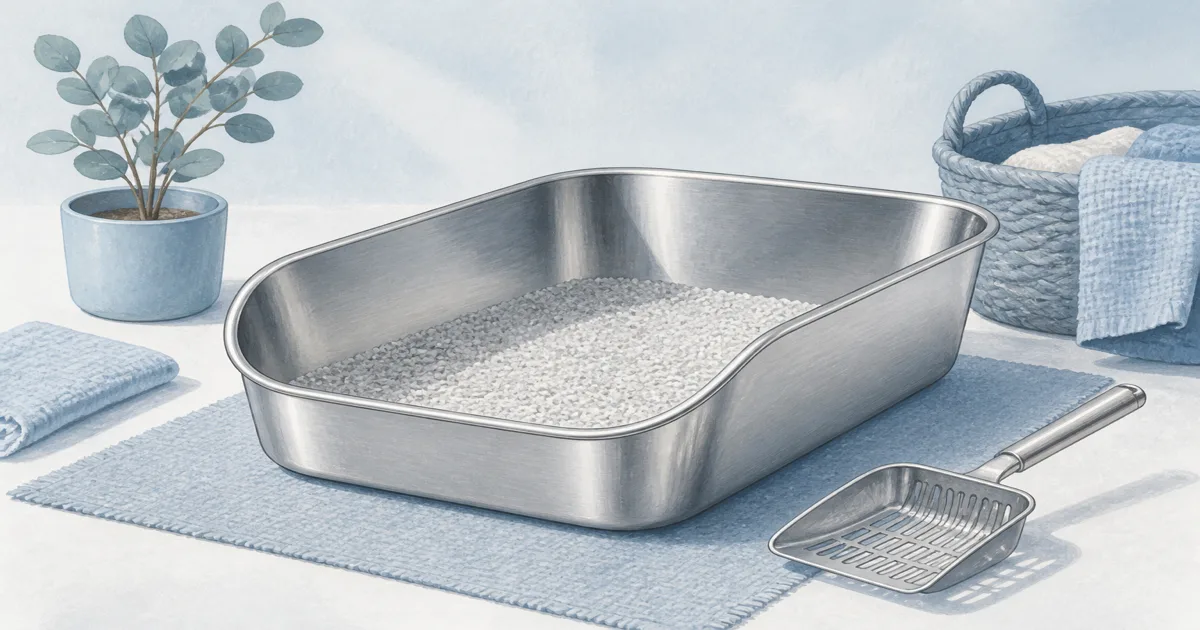 Soft sky pastel still life of a high-sided stainless steel litter box and metal scoop on cool mist paper