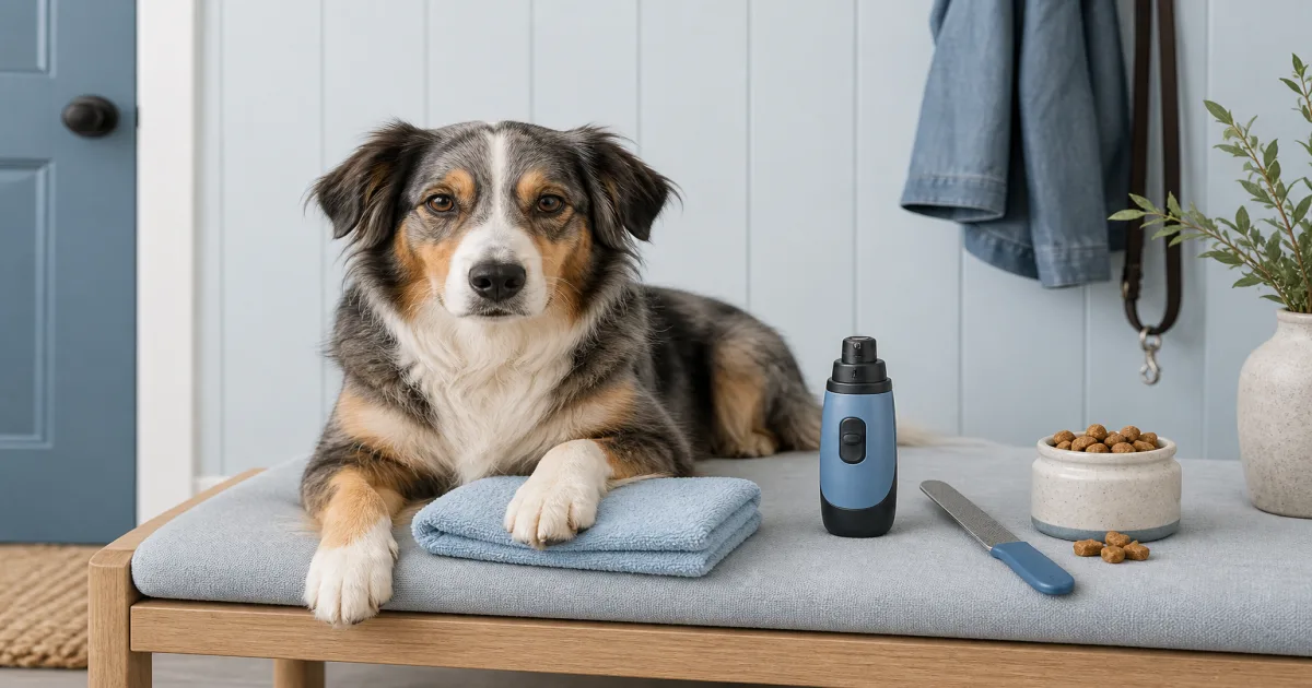 Dog resting a paw on a towel beside a nail grinder
