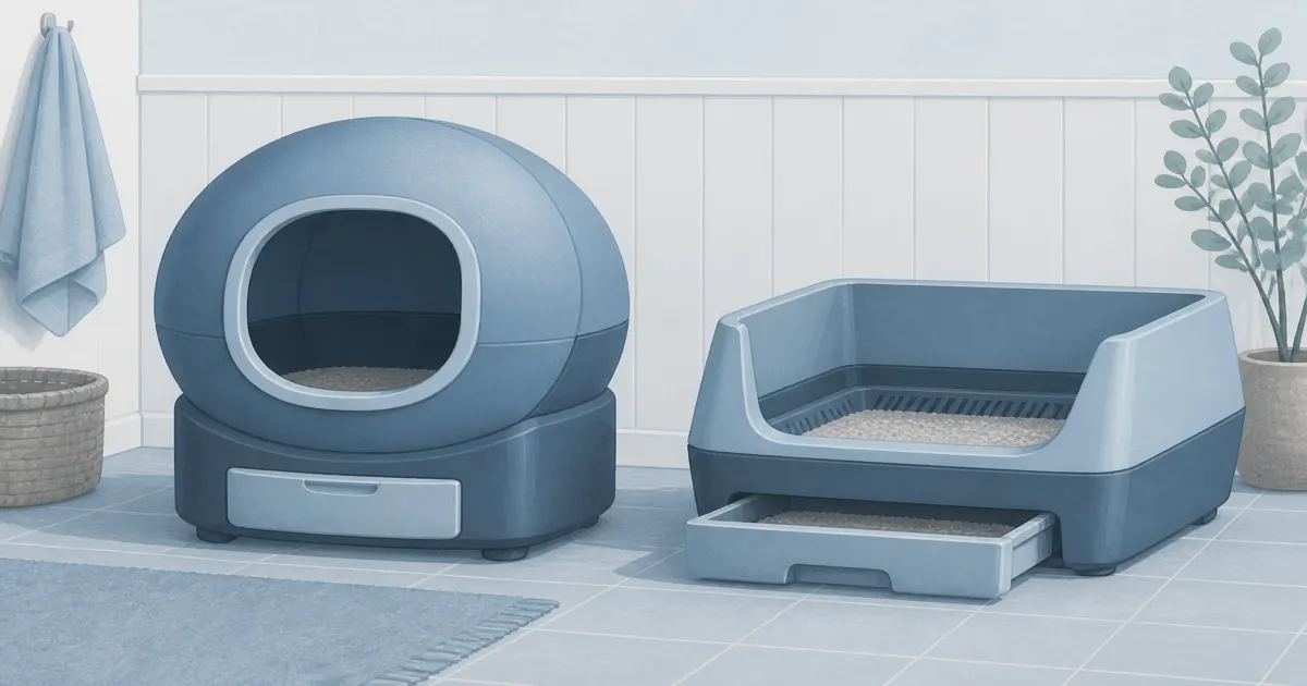 Soft pastel enclosed and open-top litter boxes on cool mist paper